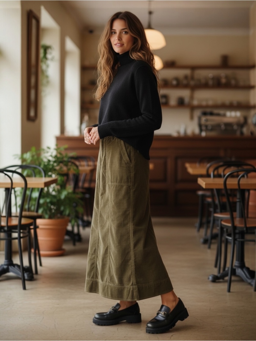 Women's Billie Blues Olive Green Utility Corduroy Maxi Skirt